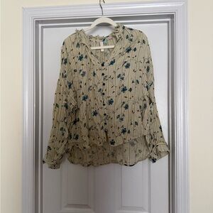 Pilcro by Anthropologie Cream Floral Blouse with Blue Accents